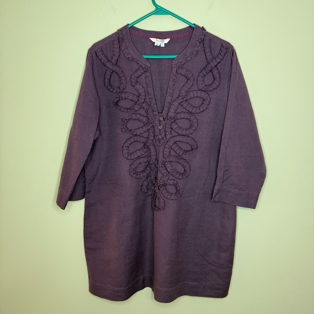 Boden eggplant Purple Tunic embroidery SZ 14 plus woman’s linen blend boho